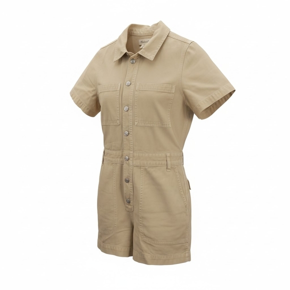 Madewell Utility Romper Short Sleeve Khaki Beige Cotton Button Front Medium